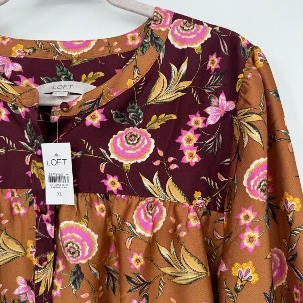 Loft Mixed Print Henley Blouse beautiful fall colors top shirt blouse NWT size X - Picture 2 of 13